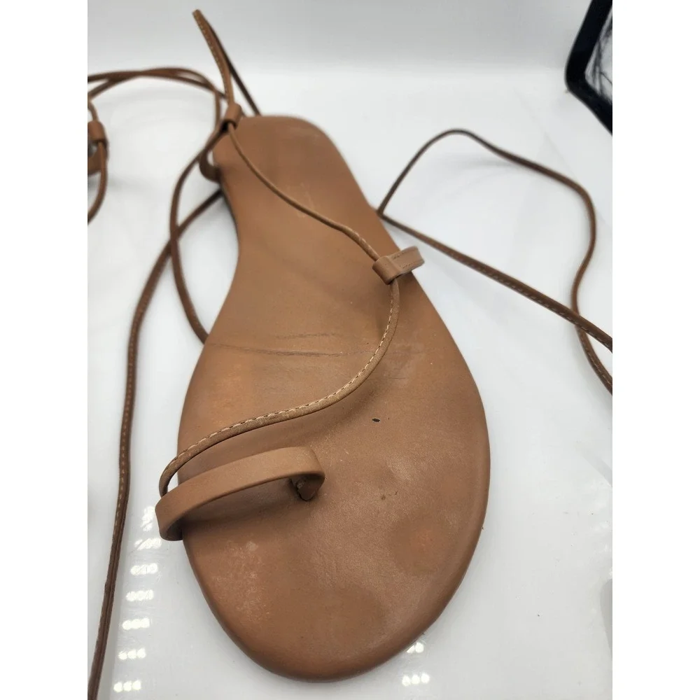 TKEES Jo Leather Lace Up Sandals Tan Brown Toe Loop Flat Ankle Tie Size 10 41